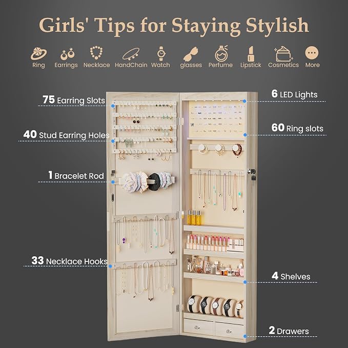 DUMOS Jewelry Armoire Cabinet with Full Length Mirror, 47.2" Tall Wall Mounted or Over the Door Jewelry Organizer with 33 Necklace Hooks, Lockable Large Capacity with Drawers, Khaki