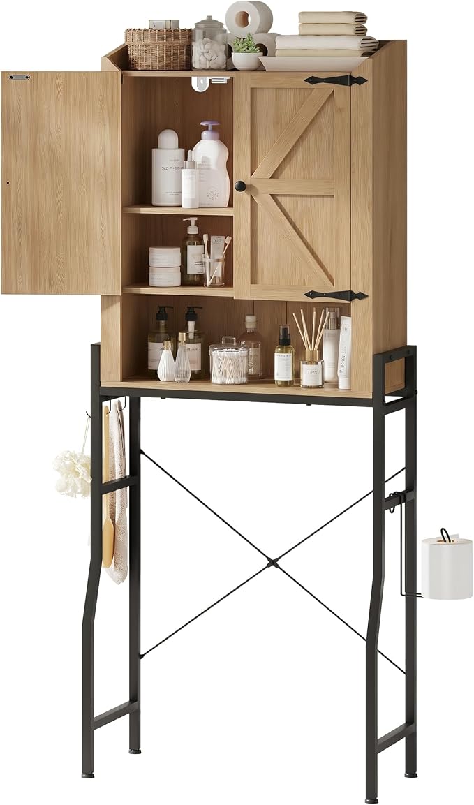 Memobarco Over The Toilet Storage Cabinet with 2-Door & Metal Stand, Wood | Toilet Paper Holder, 3 Extra Hooks, Anti-Tipping Device, With Adjustable Shelves, for Bathroom, Restroom, Laundry