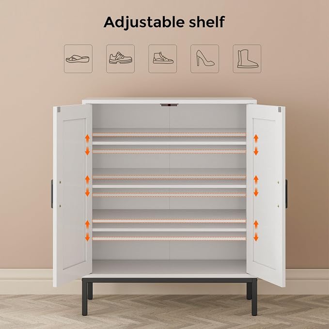Homleke Farmhouse Shoe Cabinet with 2 Barn Doors & Metal Legs | Tall 4-Tier Shoe Storage Cabinet, 3 Adjustable Shelves, Shoe Rack Organizer, for Entryway, Hallway, Closet, White