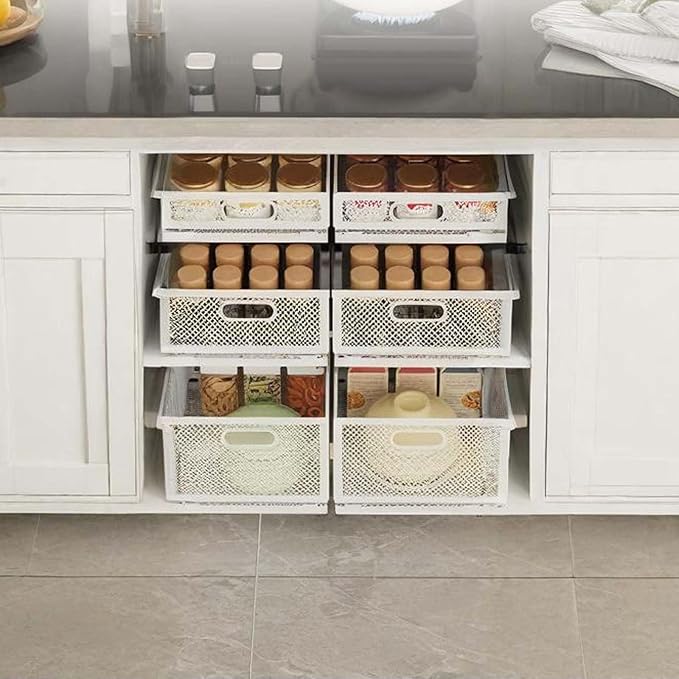 Slide-Out Storage Baskets W9.4"xD11.8"xH6.1" Rustproof Carbon Steel pull out Organizers with Super Strong Adhesive for Home Kitchen Drawers, Shelves, Cabinets