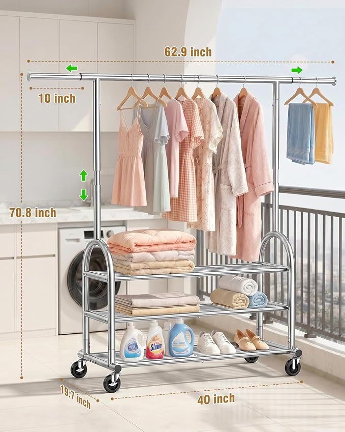 EAGMAK Heavy Duty Clothes Rack for Hanging Clothes Load 688 LBS, Height Adjustable Rolling Clothing Racks, Portable Metal Coat Rack Garment Wardrobe with Wheels and 3 Shelves for Bedroom, Silver