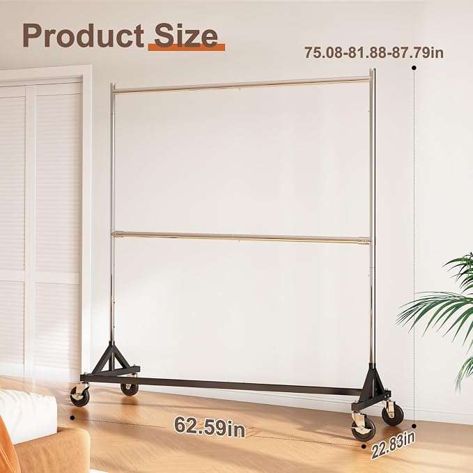 HOKEEPER Z Rack for Clothing Heavy Duty Clothes Rack Hold 550 LBS Commercial Garment Rack with Wheels Rolling Portable Z Base Rack for Bedroom, Laundry Room, Balcony 22.8"D x 62.6"W x 87.8"H 2 packs