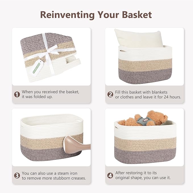 ECDYQXVU 15x10x9 Woven Cotton Rope Storage Basket, Leather Handles 2 Pack | Foldable Design, Sturdy PU Handles, Easy to Clean Organizer for Living Room, Closet, Shelves, Bedroom, Laundry, Clothes