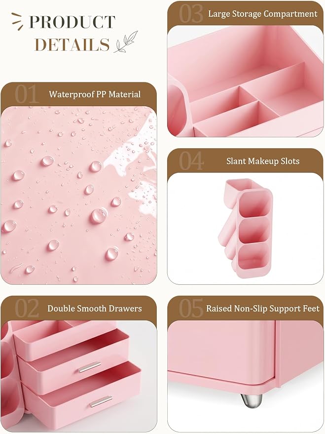 Makeup Organizer with Drawers,Large Capacity Countertop Organizer for Vanity,Bathroom and Bedroom Desk Cosmetics Organizers,Easy To Storage Skincare,Brushes,Lotions (All Pink)