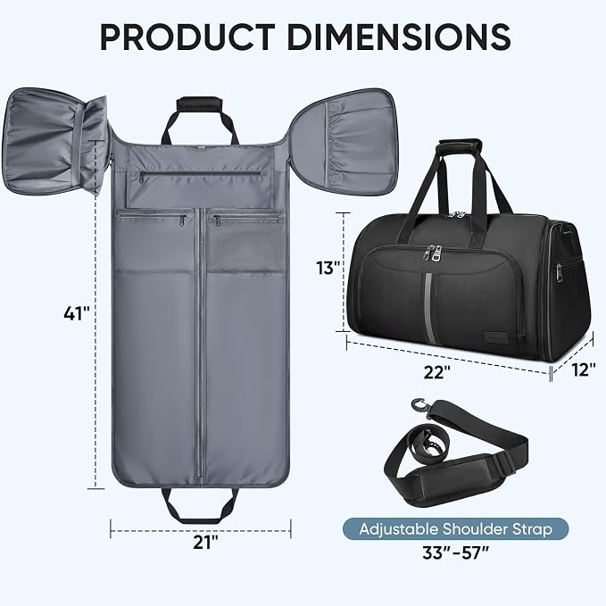 BALEINE Travel Garment Bag, Travel Suit Bag for Men, Water Resistant Carry on Garment Bag for Hanging Clothes, Garment Duffel Bag for Travel Business (Pure Black-Convertible)