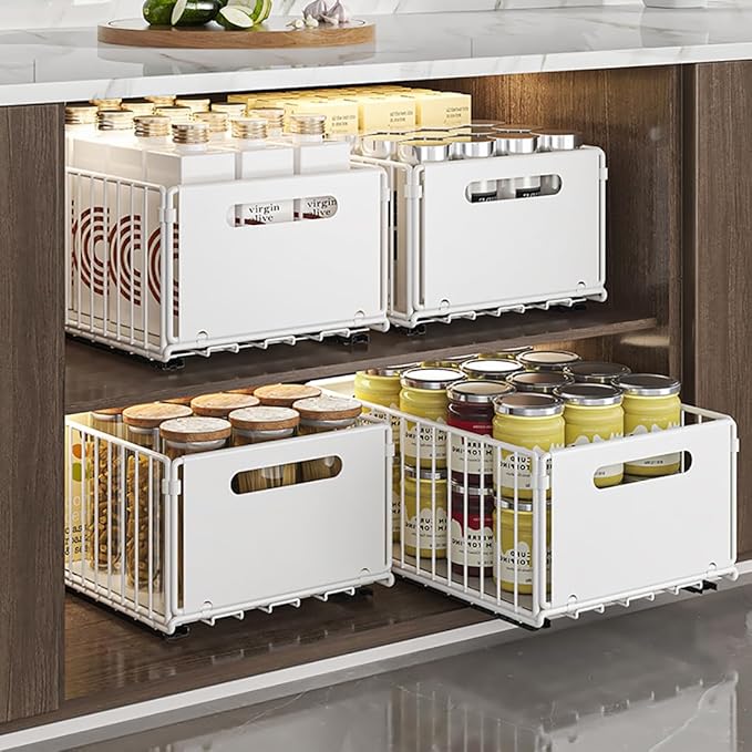 YunNasi Pull Out Cabinet Organizer Slide Out Drawer Storage Shelves Cupboard Organiser Sliding Cabinet Basket for Kitchen No Drilling and Nailing (White, 2Piece 9.8" W X 15" D X 3.9" H)