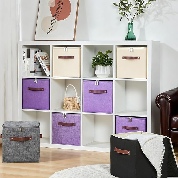 4PCS Storage Cubes with Lid Fabric Storage Bins Boxes PU Leather Handles Cotton Linen Closet Organizer Container Decorative Foldable Washable Shelf Cloth Basket (Zipper Lid, Purple, 11in)