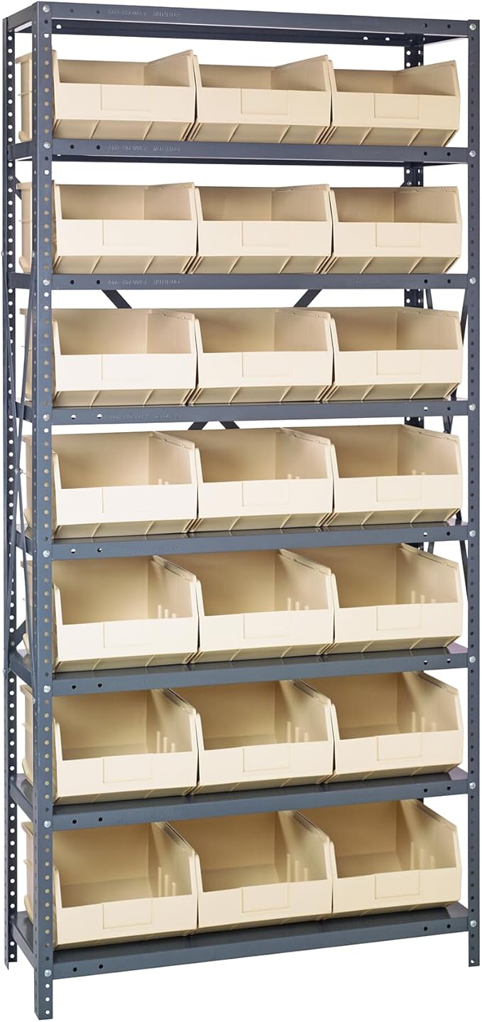 Quantum 1275-425IV Heavy Duty Shelving Unit with (8) Shelves and (21) SSB425 Ivory Bins for Garage Warehouse Storage Distribution | 400 lb Load Capacity | 12"D x 36"L x 75"H, Galvanized Carbon Steel