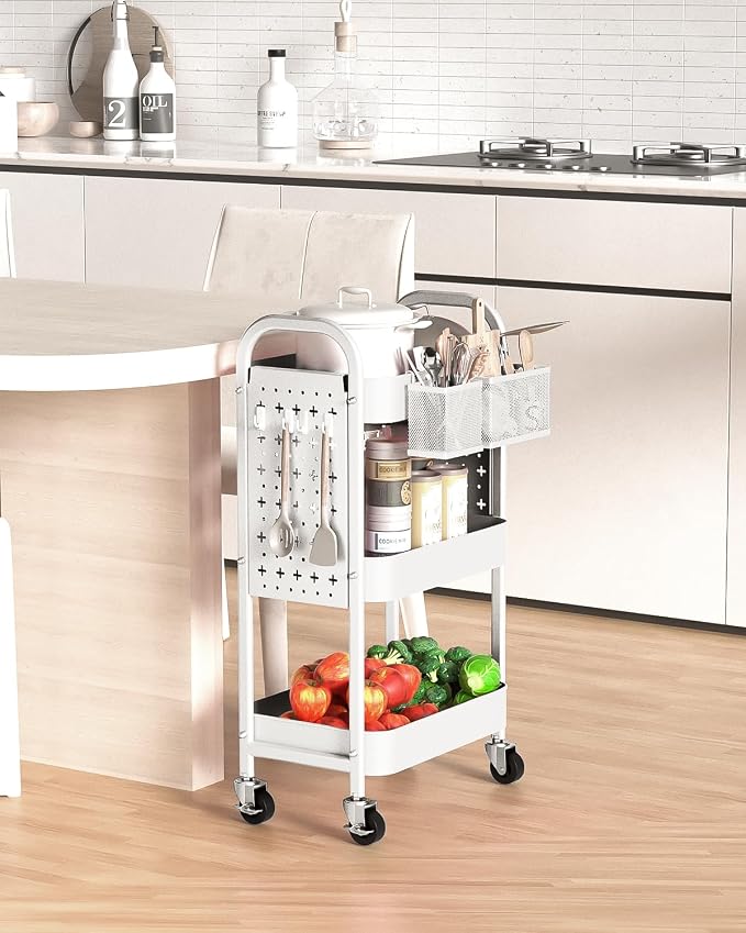 ALVOROG 3 Tier Metal Rolling Utility Cart with Pegboards,Baskets,Hook,White | More Storage Craft Cart with Pegboards,Lockable Wheels,Hooks & Baskets to Organize Kitchen,Office,Bedroom and DIY Supplies