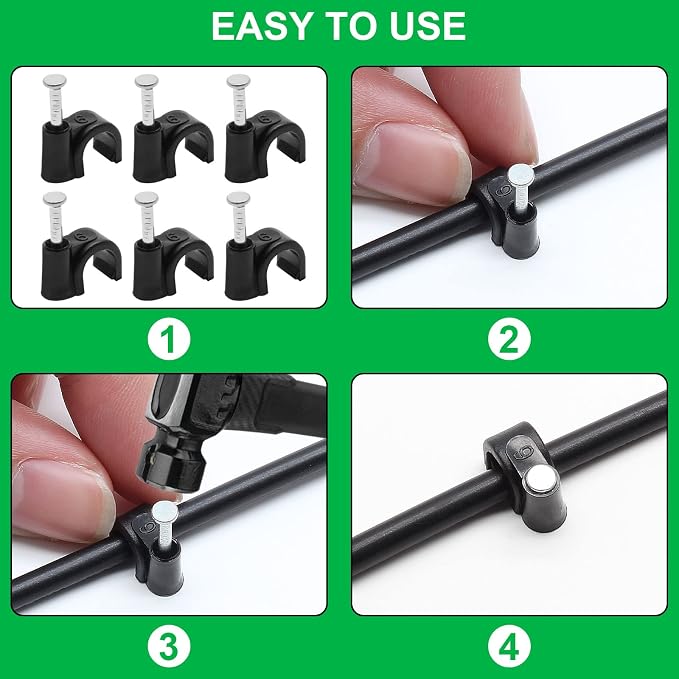 Half Clamp J-Hook with Nail, 3/4" / 20mm, Black, 50pcs | Cable Clips, Ethernet Cable Nails Tacks Clips, Nail in Design