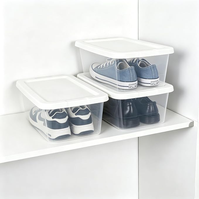 10 Pack Storage Box with Lidded, 6 Quart Plastic Storage Bina, Clear Stackable Containers, Suitable for Shoe Storage, Home Organizationg and Office Organizing