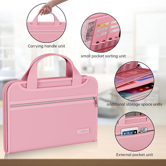 Tamfile Fireproof Accordion File Organizer with Handle, 13 Pocket Colorful Expanding File Folder with Zipper & Labels, File Folder with Multi-Pockets Paper Organizer Folder for Letter A4 Files (Pink)