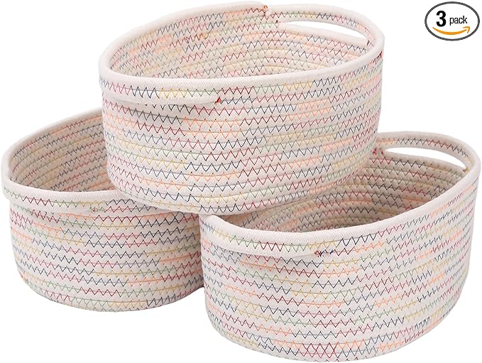 JMvicyroam Woven Basket,Small Rope Storage Bin with Handles & Ribbon Bag, Organizer for Shelves Closets,Gift Basket Empty for Birthday,Books,Dog Toys, Colorful/3 Pack