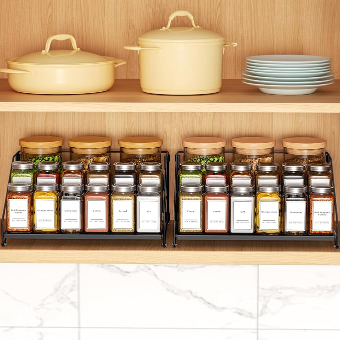 BOIVSHI 4 Tier Spice Rack Organizer, Spice Rack for Cabinet, Adjustable Depth Seasoning Shelf for Countertop, Pantry, Seasoning Organizer, Metal, Black (2 Pack)