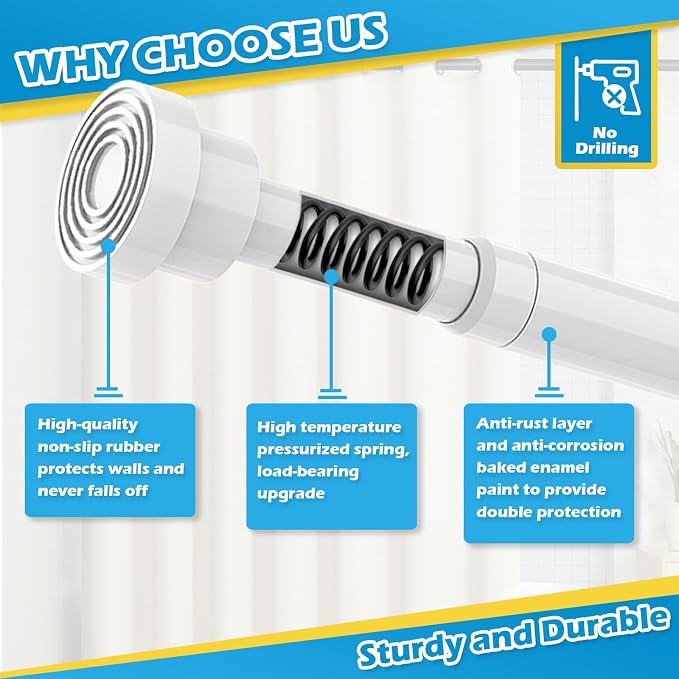 2pcs Tension Curtain Rod 33 to 56 inch No Drilling Spring Tension Rod Adjusting White Curtain Rod No Drilling Non-Slip Expandable Spring Loaded Curtain Tension Rods for Window, Doorway, Closet