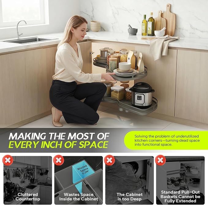 Blind Corner Cabinet Pull Out Organizer, Heavy Duty 2-Tier Soft Close System, Fits 12”-18” Cabinets, Left/Right Adjustable Magic Corner Storage for Kitchen Cabinets