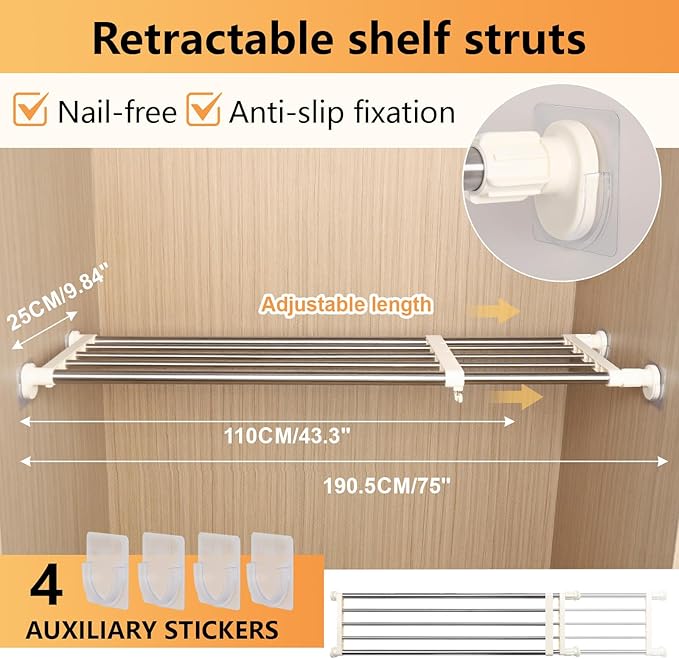 BAOYOUNI Adjustable Closet Tension Shelf Rod Expandable | Clothes Hanging Rail Pole Dividers Wardrobe Space Saving Storage Organizer Ivory, 46.85-75 Inches