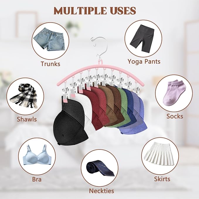 3 Pack Hat Hangers for Closet, Metal Hat Organizer for Baseball Caps | Hats Rack Holder for Closet with 30 Clips, Hats Storage for Baseball Caps Beanie Accessories Men Women, Pink