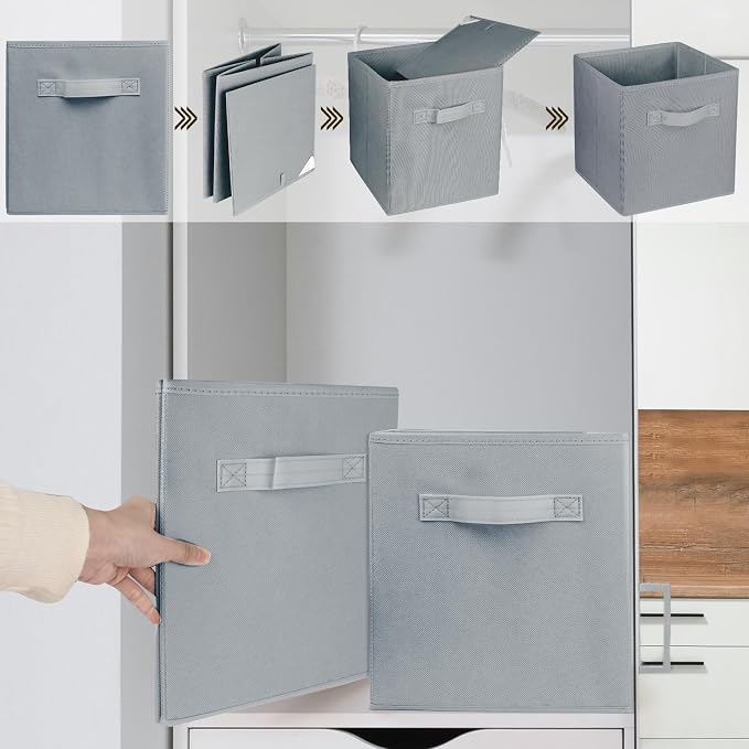 3 Pcs Storage Cubes, 10.5 Inch Collapsible Storage Bins, Fabric Foldable Bins for Organization, Durable Storage Bins for Closet, Shelves, Offices (Grey)