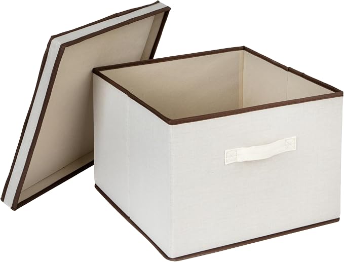 Household Essentials Square Storage Box with Lid in Breathable Canvas Sides with Sturdy Base and Convenient Handle, Natural with Brown Trim