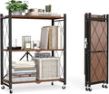 black leopard 3-Tier Foldable Shelf with Wheels, Wood-Grain Steel Shelves | Pre-assembled frame unfolds in seconds with tool-free wheel setup for fast, convenient use.