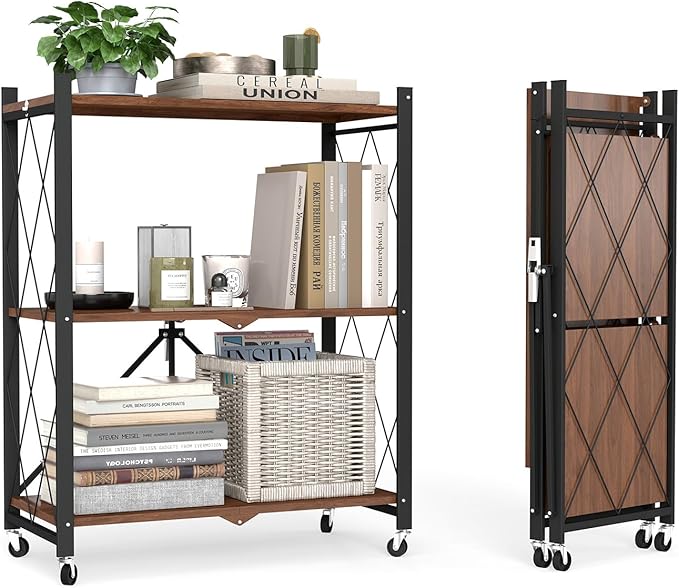 black leopard 3-Tier Foldable Shelf with Wheels, Wood-Grain Steel Shelves | Pre-assembled frame unfolds in seconds with tool-free wheel setup for fast, convenient use.