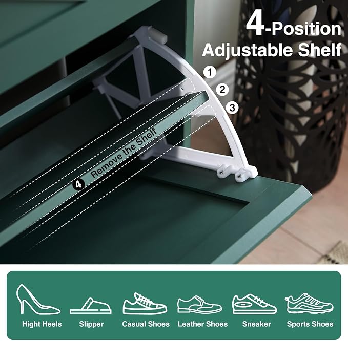 Barnyatoh Shoe Storage Cabinet,Farmhouse Shoe Organizer with 2 Flip Drawers & Barn Door Design,Freestanding Hidden Slim Narrow Shoe Rack Cabinet with Open Storage for Entryway, Foyer,Hallway,Green