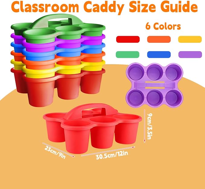 6 Pack Classroom Caddy Organizer with Handle Multicolor Plastic Table Caddy 6 Compartments Storage Cup Holder for School Supplies Art Crafts Crayons Pencils Stackable Desk Caddy for Office