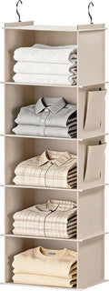Foldable Hanging Closet Organizer, 5-Shelf Hanging Shelves with Side Pockets, Space Saving Storage for Clothes and Accessories