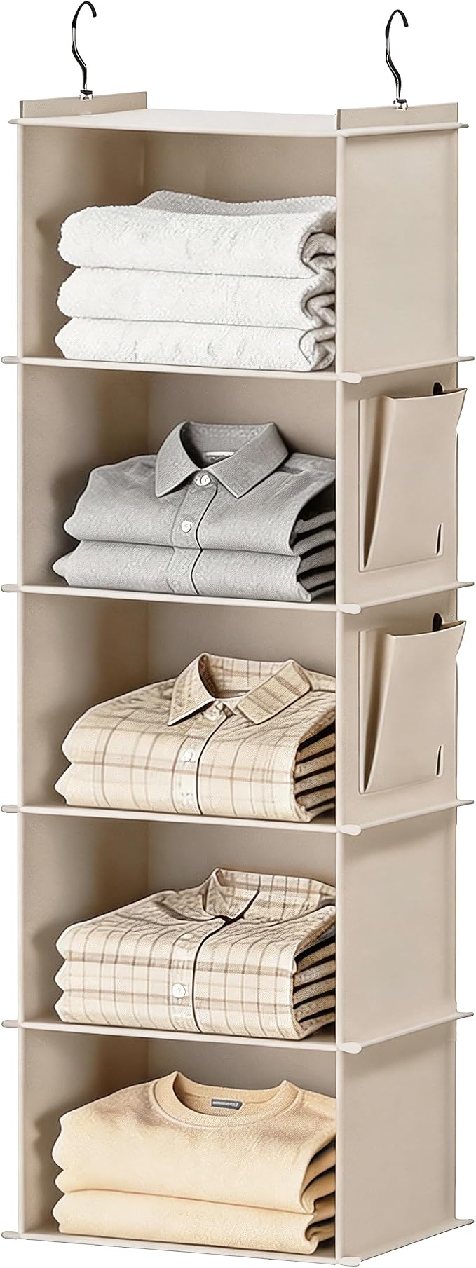 Foldable Hanging Closet Organizer, 5-Shelf Hanging Shelves with Side Pockets, Space Saving Storage for Clothes and Accessories