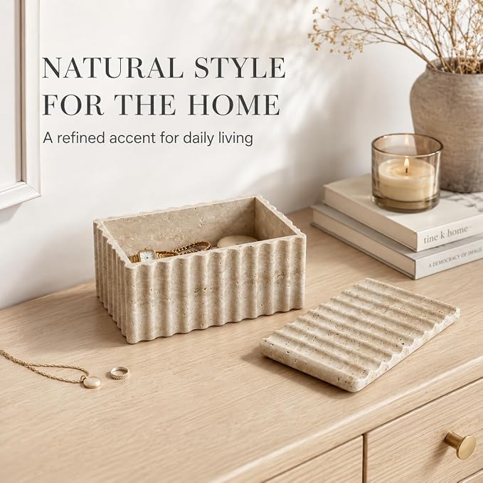 Travertine Storage Box with Lid, Wave Stone Organizer | Lidded design, wave texture, beige travertine pores vary, accessories not included