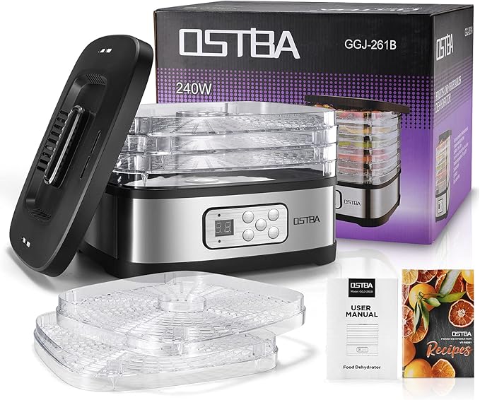 OSTBA Food Dehydrator Machine Adjustable Temperature & 72H Timer, 5-Tray Dehydrators for Food and Jerky, Fruit, Dog Treats, Herbs, Snacks, LED Display, 240W Electric Food Dryer, Recipe Book