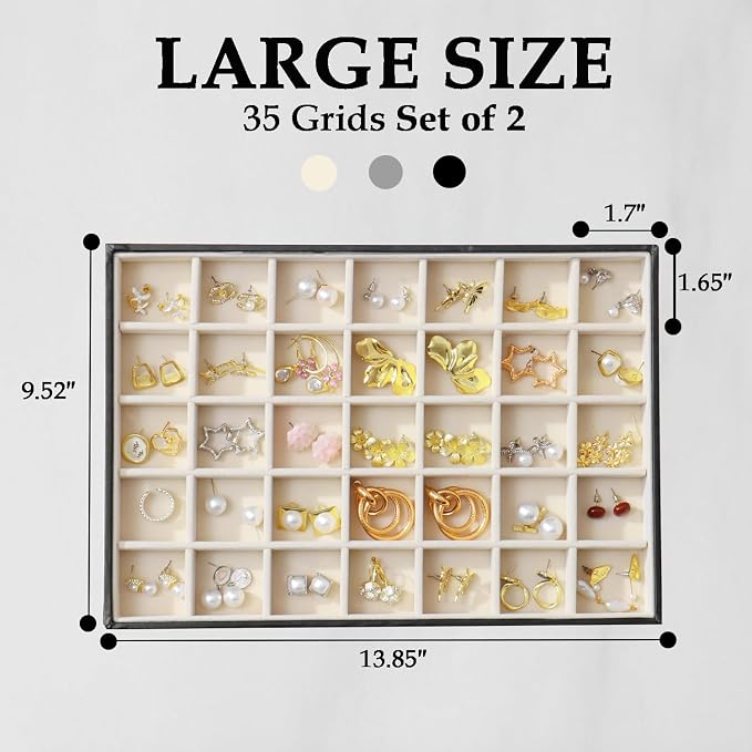 Large Jewelry Organizer Tray 2 Pack, Stackable Jewelry Storage Holder for Drawer Inserts, PU Leather Velvet Jewellery Display Case for Earring Bracelet Necklace Ring (Black Beige, 35 Grids)