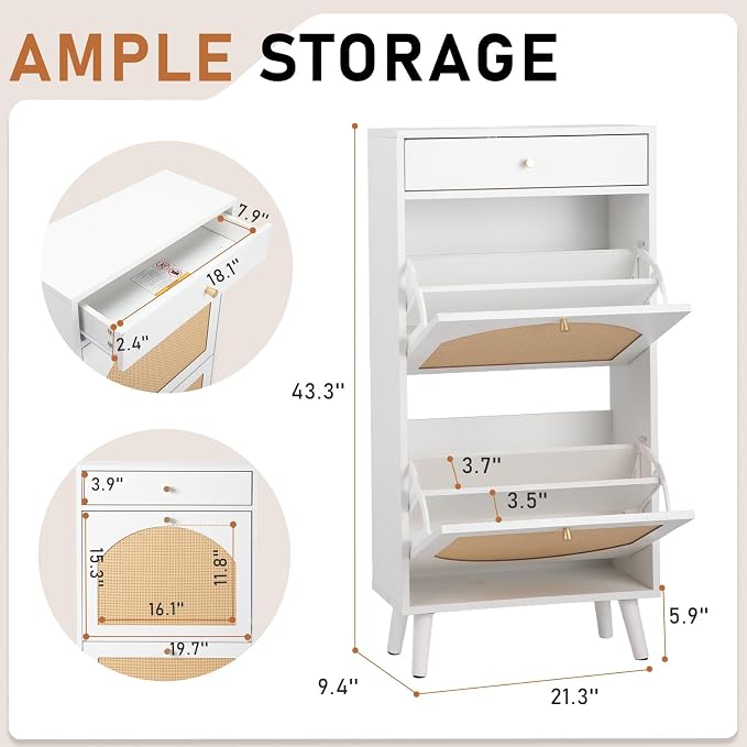 Karl home White Rattan Shoe Cabinet, 1-Drawer 2-Tilt-Out Entryway Organizer | Hidden Shoe Rack Storage with Rattan Panel for Heels, Slippers and Casual Shoes, Space Saving Entryway Storage Furniture
