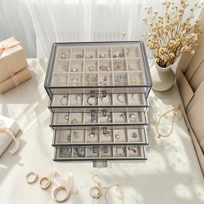 Acrylic Earring Holder Organizer with 5 Drawers Clear Earring Organizer Box with 90 Adjustable Grids Velvet Earring Display Case Jewelry Organizer for Earrings Rings Studs (Brown Beige)