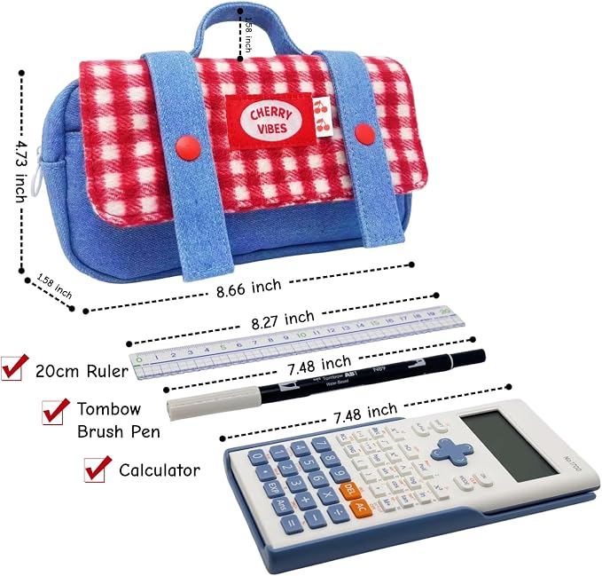Cute Checkered Pencil Case, Red White Plaid with Denim Patchwork, Large Capacity Gingham Pattern Pen Bag with Handle, Big Stationery Organizer, Multi-Use Storage Pouch, 8.7x1.6x4.7 Inches, Blue