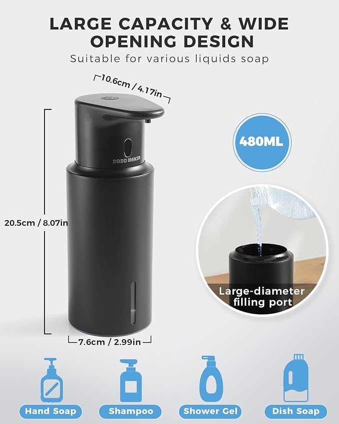 Automatic Liquid Soap Dispenser Touchless, 304 Stainless Steel Bottle Body | 16.2oz/480ml Rechargeable, 3 Adjustable Liquid Levels, IPX7 Waterproof, for Kitchen Bathroom, Black