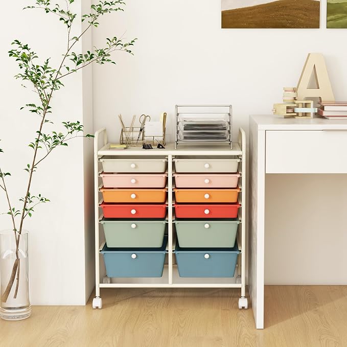 DREAMADE Rolling Cart with Storage Drawers, Utility Cart with Removable Plastic Drawers, Lockable Wheels, Art Cart for Classroom Organization Art Supplies Office Scrapbook (12 Drawers, Macaron)