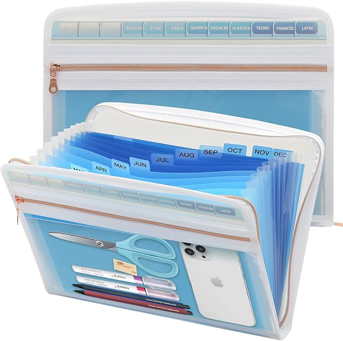 Mukawa 13 Pocket Zippered Expanding File, Zippered Accordion File Organizer, Accordion Folder with Zipper for Documents Letter Size A4 Papers (Blue)