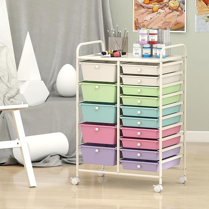 LUARANE Rolling Cart with 15 Drawers, Craft Storage Cart with Portable Handles & Lockable Wheels, Mobile Toys Organizer, Large Capacity Utility Drawer Cart Home Office School Teacher