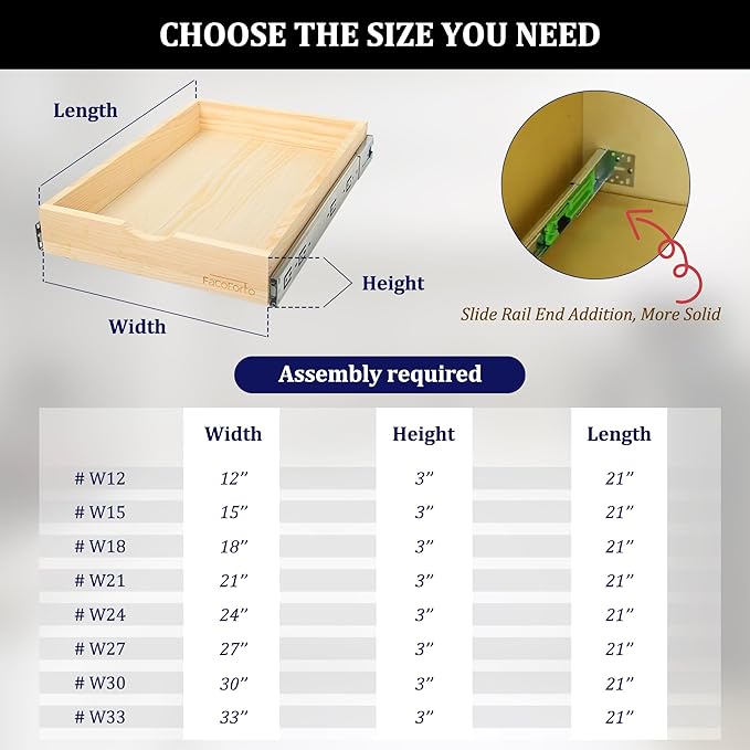 Kitchen Cabinet Organizer, Fully Assembled Drawer Wood Pull Out Tray Drawer Box Cabinet Slide Out Shelve, Wooden Pull-Out Shelf (W15''×D21''×H3'')