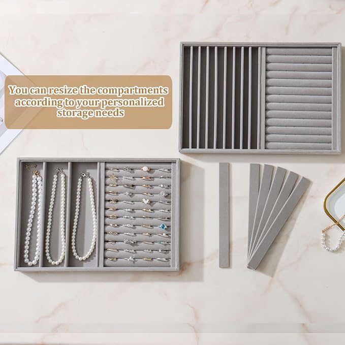 Large Jewelry Organizer for Drawer Insert Velvet Stackable Jewelry Trays for Earring Necklace Bracelet Ring Display (Gray, Ring and 9 Grids)