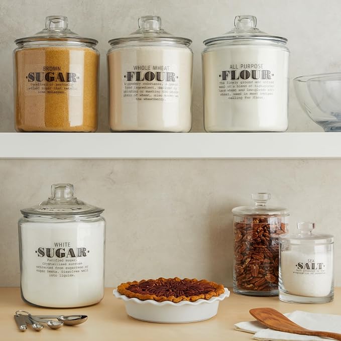 Talented Kitchen Preprinted Pantry Labels - Waterproof Kitchen Organization & Food Storage Labels - Flour, Sugar & Cornmeal Vinyl Sticker Set - 36 Pack, Medium, Clear Vinyl, Black Print