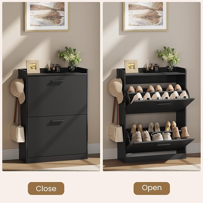 Shoe Cabinet Organizer with 2 Flip Drawers, Freestanding Shoe Rack Cabinet, 23.6" W × 6.3" D × 33.1" H Narrow Shoe Cabinet Storage for Entryway, Foyer, Hallway, Black