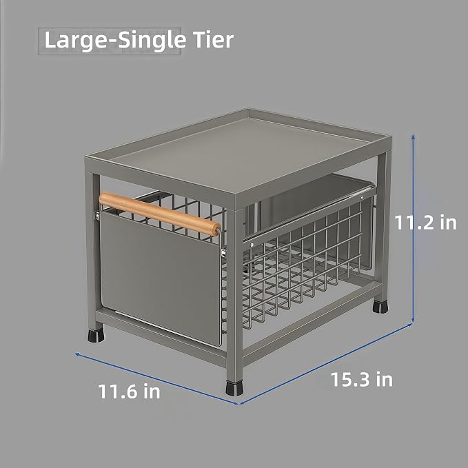 Pull Out Cabinet Organizer, Pull Out Basket Drawers for Cabinets, Slide Out Basket Drawers for Kitchen Cabinets, Under Sink Organizer for Kitchen, Bathroom (Grey Large Single-tier)