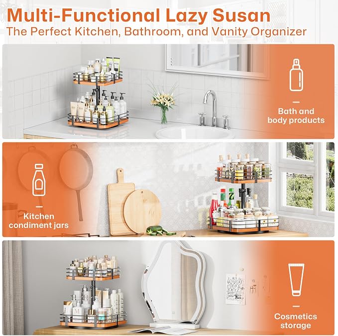 12 Inch Square Lazy Susan Organizer, 2 Tier Adjustable Wood Rack | Removable Divider Rack, 360° Rotating, Adjustable Height, For Pantry, Cabinet, Bathroom & Dining Table