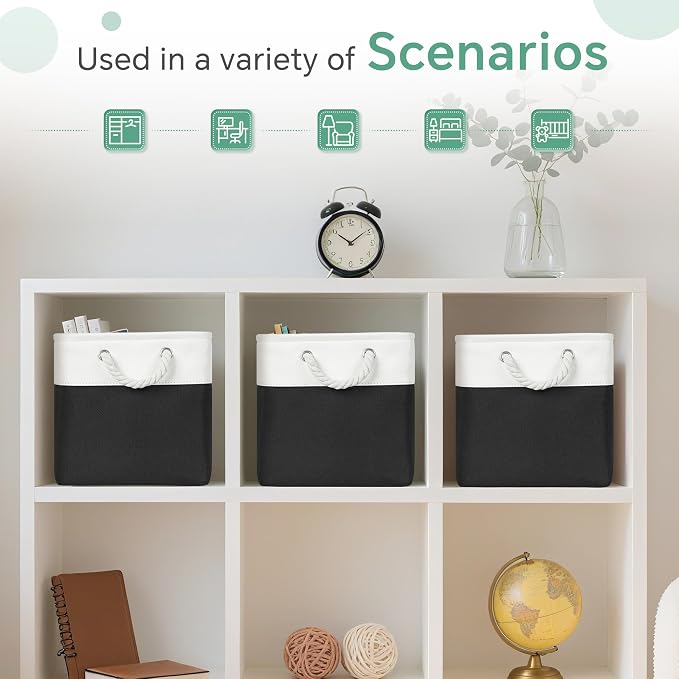 FinishingBo Large 11x11 Inch Cube Storage Bins with Cotton Handles for Closet, Shelves, Clothes, Towel (White/ Black-6 Pack)
