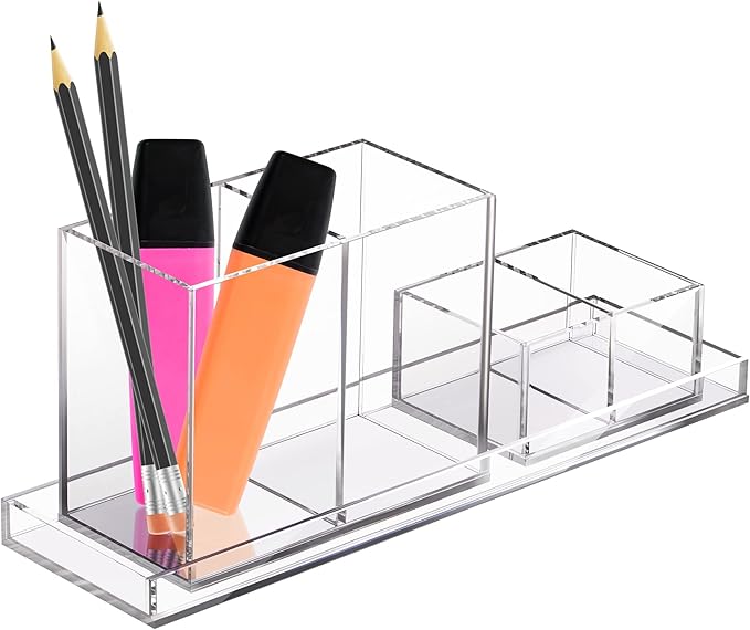 Clear Acrylic Office Desk Accessories Organizer with Tray, 4 Section Office Supplies Holder & Make Up Brush Cup Holders | For Home & Workspace