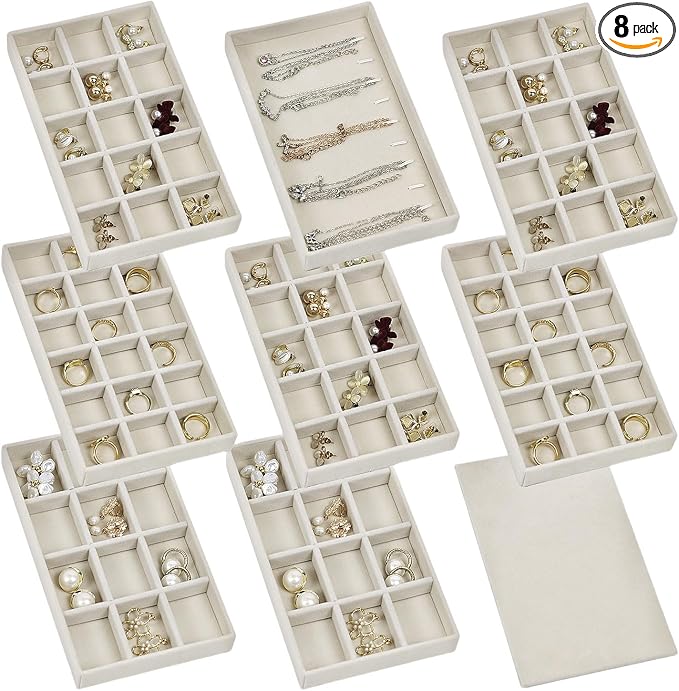 Set of 8 Stackable Jewelry Organizer Trays with 1 Lid for Drawer & Dresser Organizer, Adjustable Velvet Jewelry Box Tray Earring Organizer Necklace Storage Ring Bracelet Display Case (Beige)