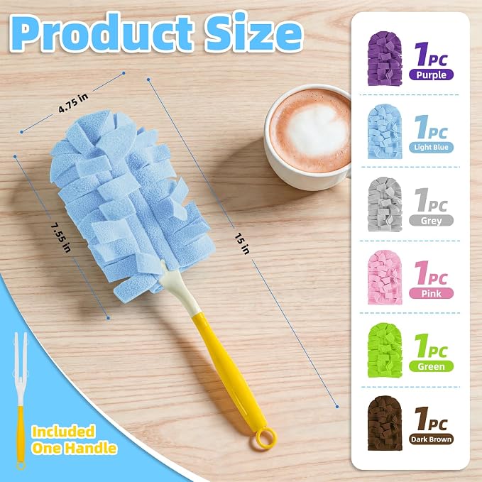 6 PCS Reusable Duster for Swiffer, Washable 360 Fleece Duster Refills for Fans, Floors, Blinds, Windows (Include 1 Handle & Laundry Bag)